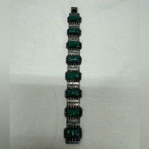 Vintage Mexico Carved Aztec Malachite Sterling Silver Bracelet